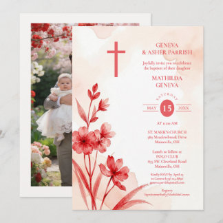 Delicate Red & Pink Wildflowers Baptism Photo 招待状