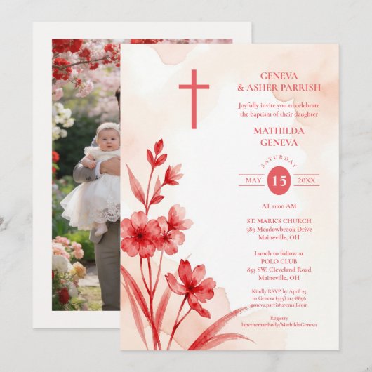 Delicate Red & Pink Wildflowers Baptism Photo 招待状 (正面/裏面)