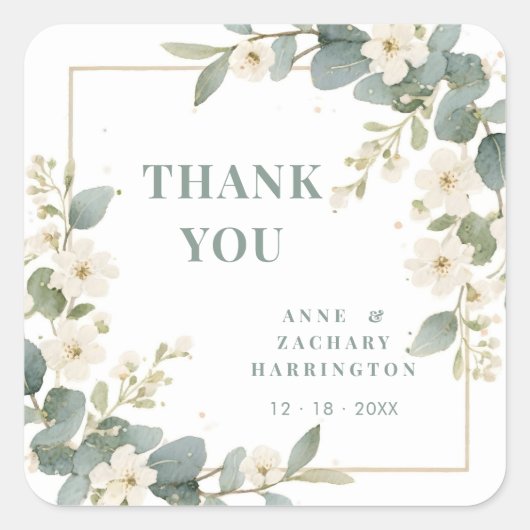 Delicate Romantic Floral and Branch Frame Wedding  スクエアシール (正面)