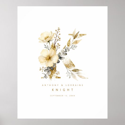 Delicate Romantic Floral K Letter Gold Glitter ポスター (正面)