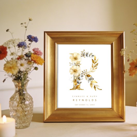 Delicate Romantic Floral R Letter Gold Glitter ポスター