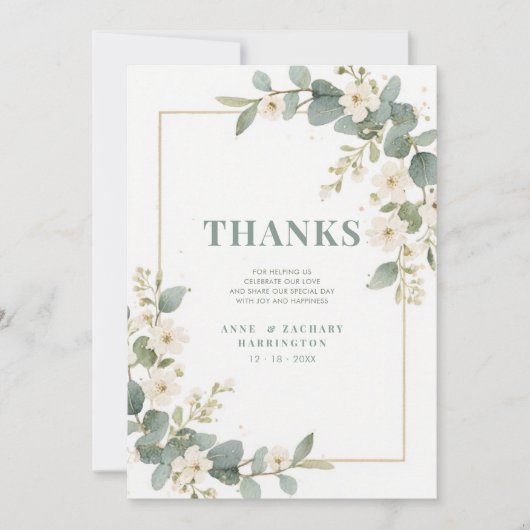 Delicate Romantic Flowers & Branches Frame Wedding サンキューカード (正面)
