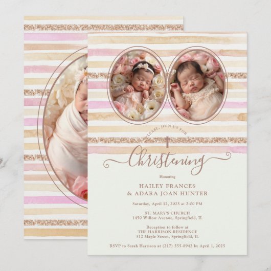 Delicate Romantic Glitter Stripes Twins Baptist 招待状 (正面/裏面)