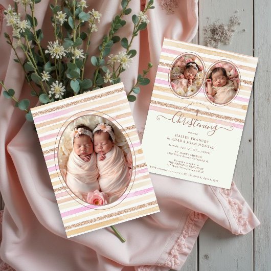 Delicate Romantic Glitter Stripes Twins Baptist 招待状