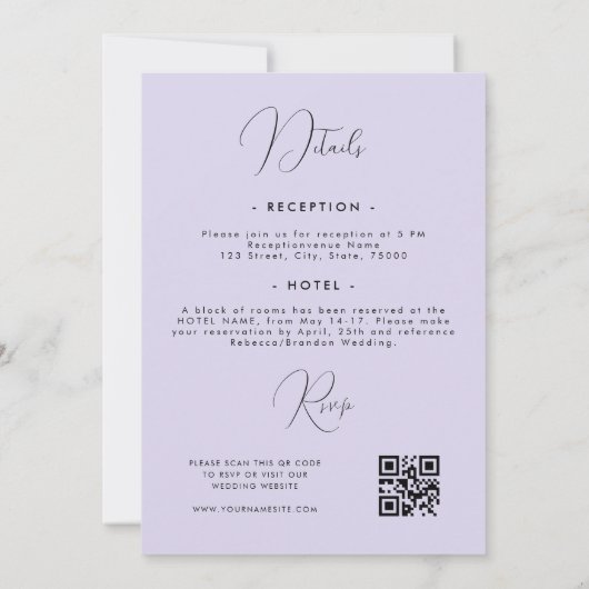 Delicate Romantic Lilac Floral All in One Wedding 招待状 (裏面)