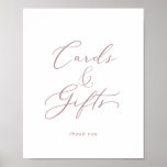 Delicate Rose Gold Cards and Gifts Sign ポスター<br><div class="desc">This delicate rose gold cards and gifts sign is perfect for a modern wedding or bridal shower. The romantic minimalist design features lovely and elegant dusty rose blush pink typography on a white background with a clean and simple look. The line of text at the bottom of the sign can...</div>