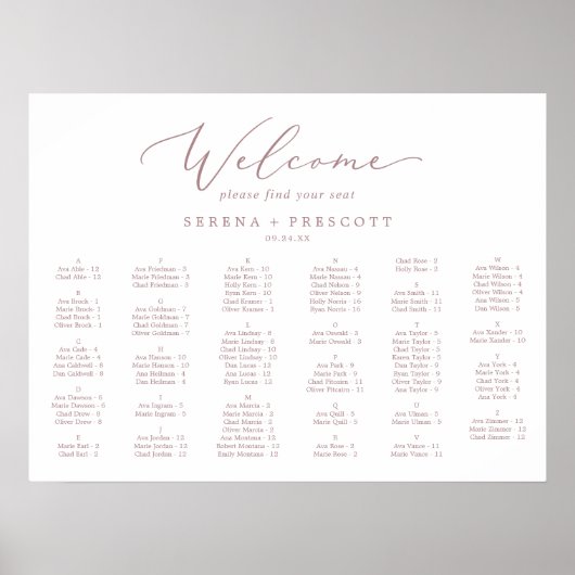 Delicate Rose Gold Horizontal Alphabetical Seating ポスター (正面)
