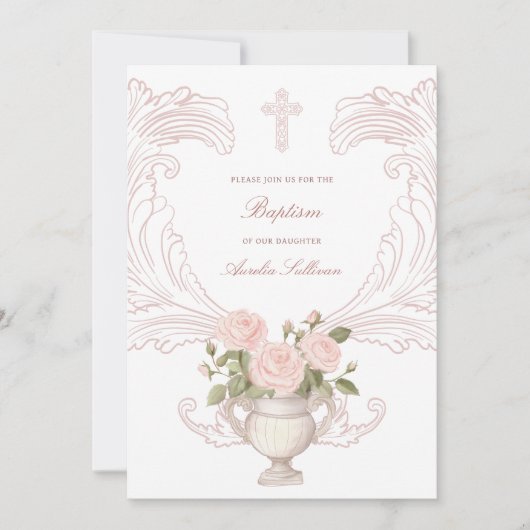 Delicate Roses Frame Baptism Invitation 招待状 (正面)