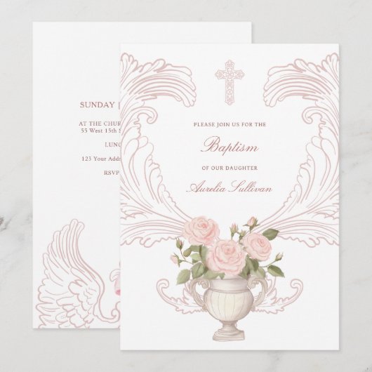 Delicate Roses Frame Baptism Invitation 招待状 (正面/裏面)