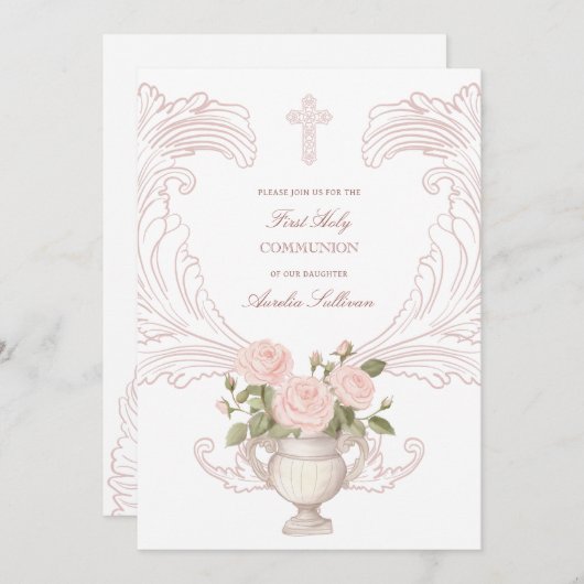 Delicate Roses Frame First Communion 招待状 (正面/裏面)