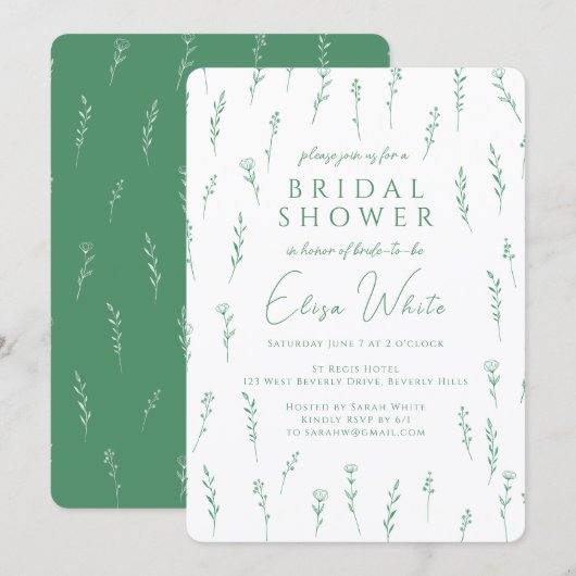 Delicate Scattered Wildflowers Green Bridal Shower 招待状 (正面/裏面)