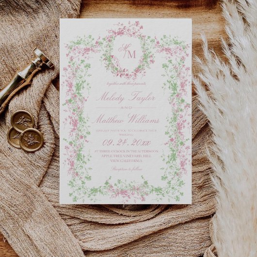 Delicate Soft Pastel Ornate Crest Monogram Wedding 招待状