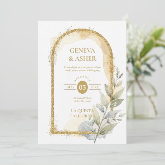 Delicate Spring Green & Beige Floral Arch Wedding 招待状 (スタンド正面)