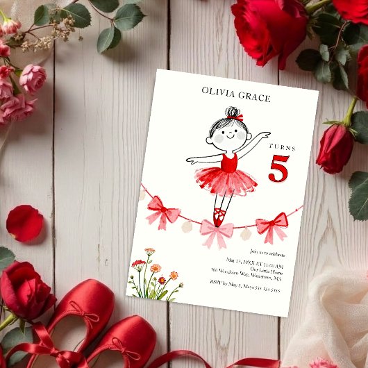 Delicate Sweet Red Ballet Girl Birthday LPM26 招待状