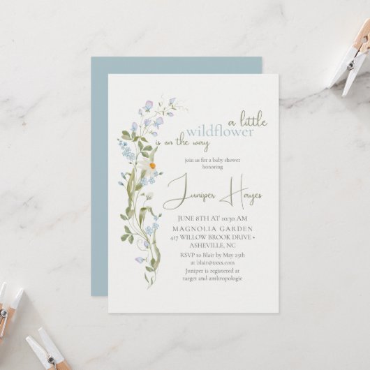 Delicate Watercolor Little Wildflower Baby Shower 招待状 (正面/裏面インサイチュ)