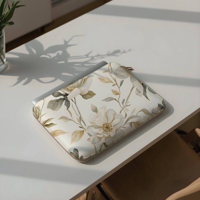 Delicate Watercolor White Floral Pattern ラップトップスリーブ (クリエイターアップロード済み)
