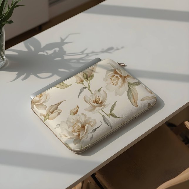 Delicate Watercolor White Floral Pattern ラップトップスリーブ (クリエイターアップロード済み)