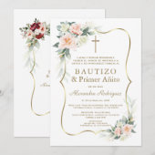 Delicate White Blush Flowers 1st Birthday Baptism  招待状 (正面/裏面)