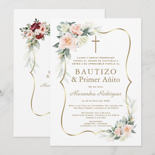 Delicate White Blush Flowers 1st Birthday Baptism  招待状 (正面/裏面)