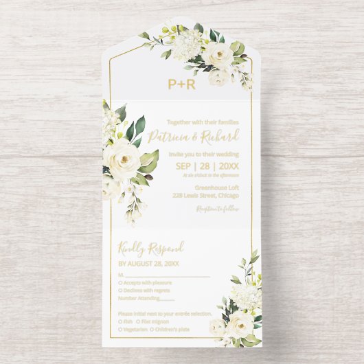Delicate White Cream Floral Elegant Wedding オールインワン招待状 (内側)