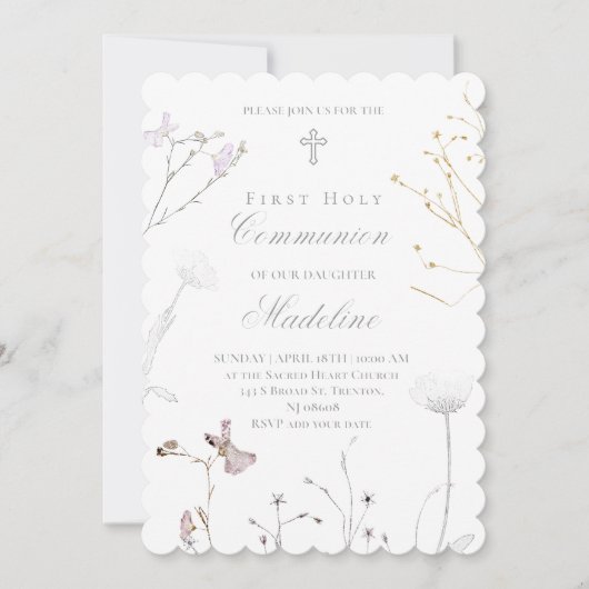 delicate wildflowers First Holy Communion 招待状 (正面)
