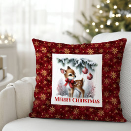Delicate winter scene baby fawn Christmas pillow  クッション