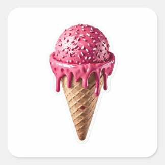 Delicious 3D Pink Strawberry Ice Cream Cone Sticke スクエアシール