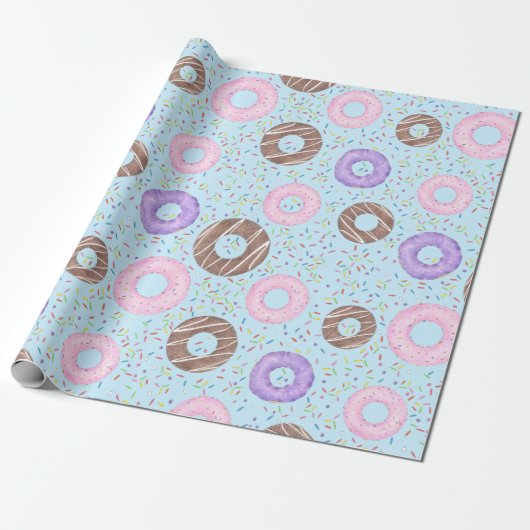 Delicious Donuts Wrapping Paper on Blue ラッピングペーパー (アンロールド)