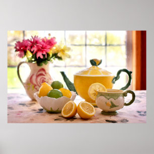 Delicious Tea Party Pink Flowers And Lemon Drink ポスター
