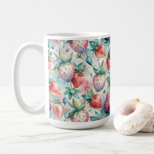Delicious Watercolor Strawberries コーヒーマグカップ (ドーナツ)