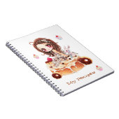 delicousシナモンバンに坐っているかわいいチビ(小さくかわいく書いた感じ)の女の子 ノートブック (右側)