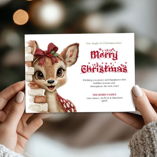 Delightful Christmas baby fawn peeking greeting  シーズンカード