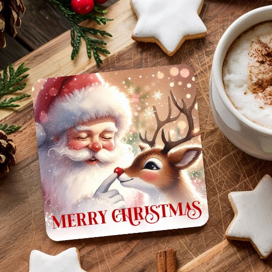 Delightful Santa and Rudolph Christmas Paper スクエアペーパーコースター