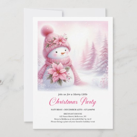 Delightful Snowy Forest Pink Snowman Kids Invite  招待状 (正面)