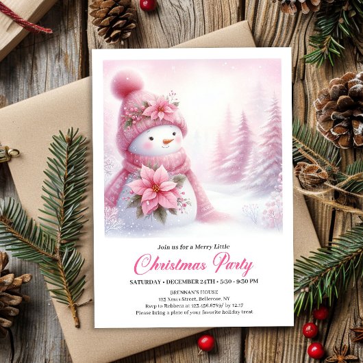 Delightful Snowy Forest Pink Snowman Kids Invite  招待状