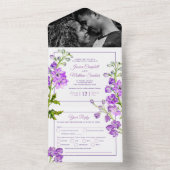 Delphinium紫色の花の結婚水色 オールインワン招待状 (内側)