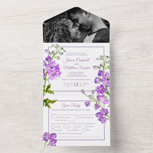 Delphinium紫色の花の結婚水色 オールインワン招待状 (内側)