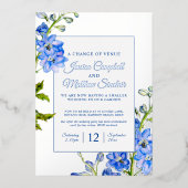 Delphinium青い花の会場の結婚変化 箔招待状 (正面)