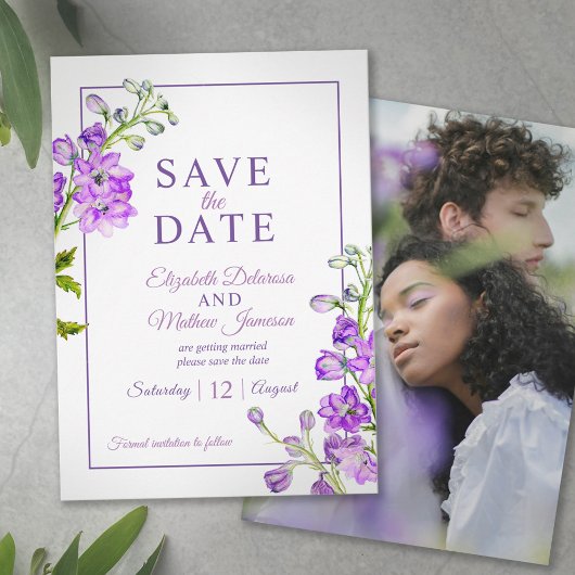 Delphinium floral save the date purple photo セーブザデート