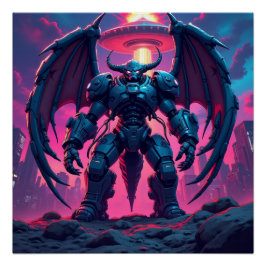 Demon Roboter mit Flügel bei einem UFO ポスター