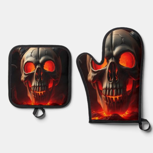Demonic Skull Gate Halloween Oven Mitt Set 鍋つかみ&鍋敷きセット (正面)