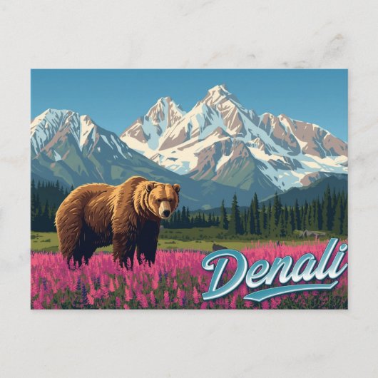 Denali Grizzly Bear Wildflower Art ポストカード (正面)