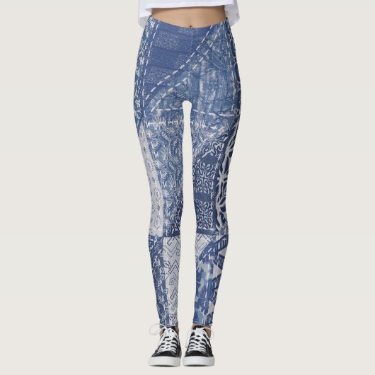 Denim三角形パッチワークヴィンテージテクスチャ。 レギンス (正面)