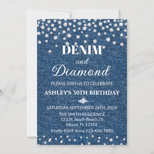 Denim and Diamond Birthday Party Invitation 招待状 (正面)