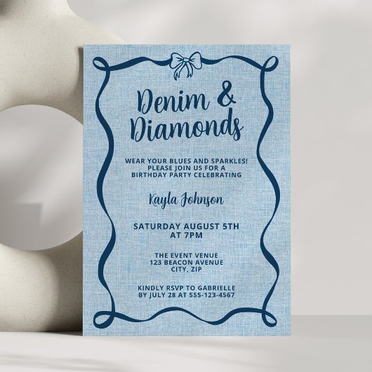 Denim and Diamonds Blue Bow Coquette Wavy Ribbon 招待状