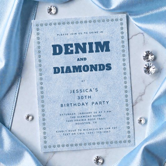 Denim and Diamonds Blue Jeans 30th Birthday Party 招待状