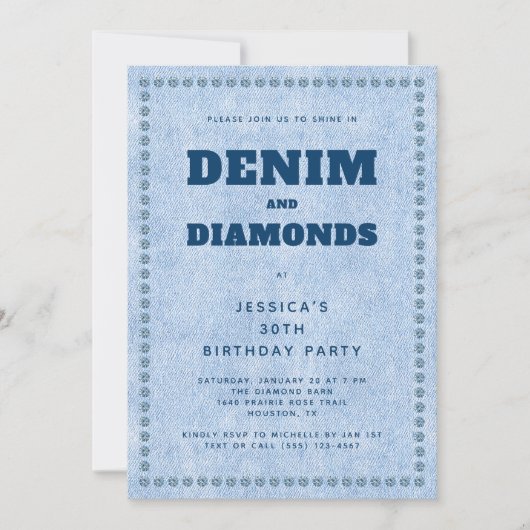 Denim and Diamonds Blue Jeans 30th Birthday Party 招待状 (正面)