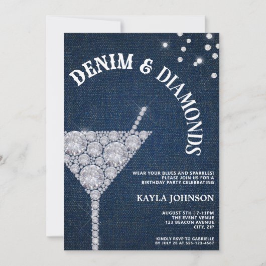 Denim and Diamonds Elegant Blue Jeans Birthday 招待状 (正面)