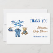 Denim Bear Clothesline Boy Blue Jean Baby Shower サンキューカード (正面)