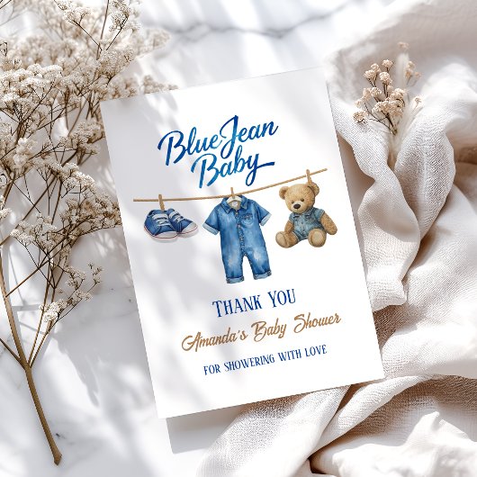 Denim Bear Clothesline Boy Blue Jean Baby Shower サンキューカード